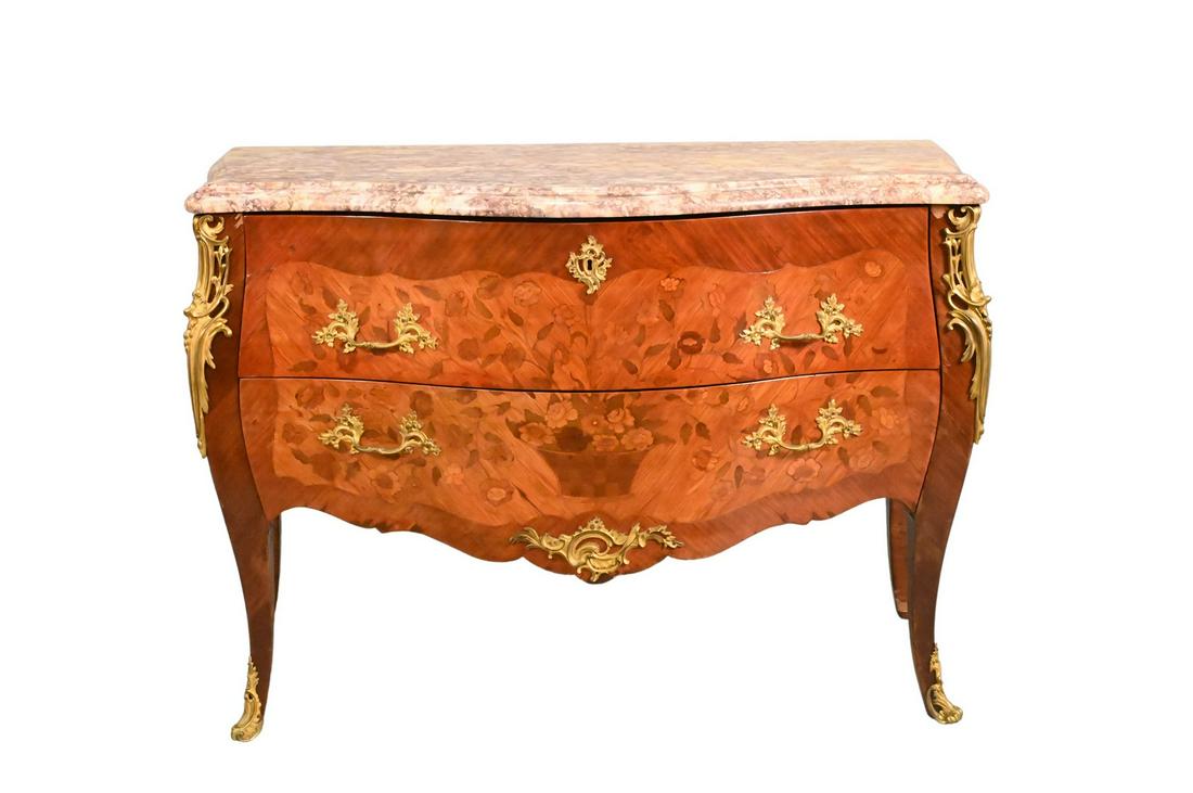 Louis XV Style Marble Top Commode: Louis XV Style Marble Top Commode having rouge and pink shaped marble over conforming case with two drawers having floral inlays flanked by gilt metal mounts, 20th century, veneer chips on side height