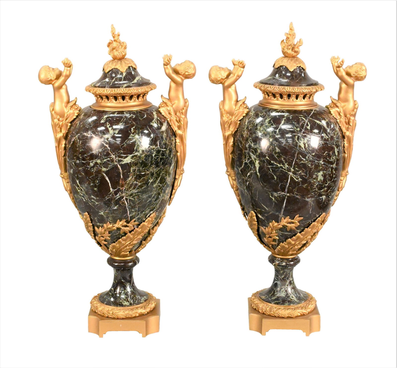 A Pair of Louis XVI Style Green Marble Vases and Covers (1 of 7)