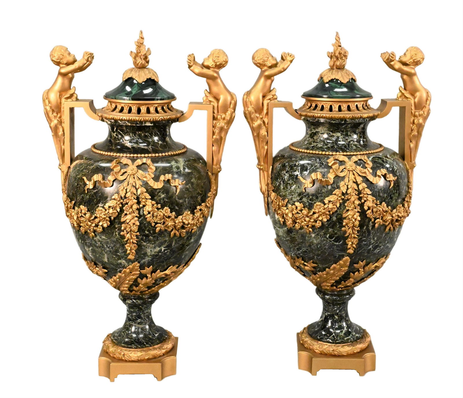 A Pair of Louis XVI Style Green Marble Vases with Covers (1 of 9)