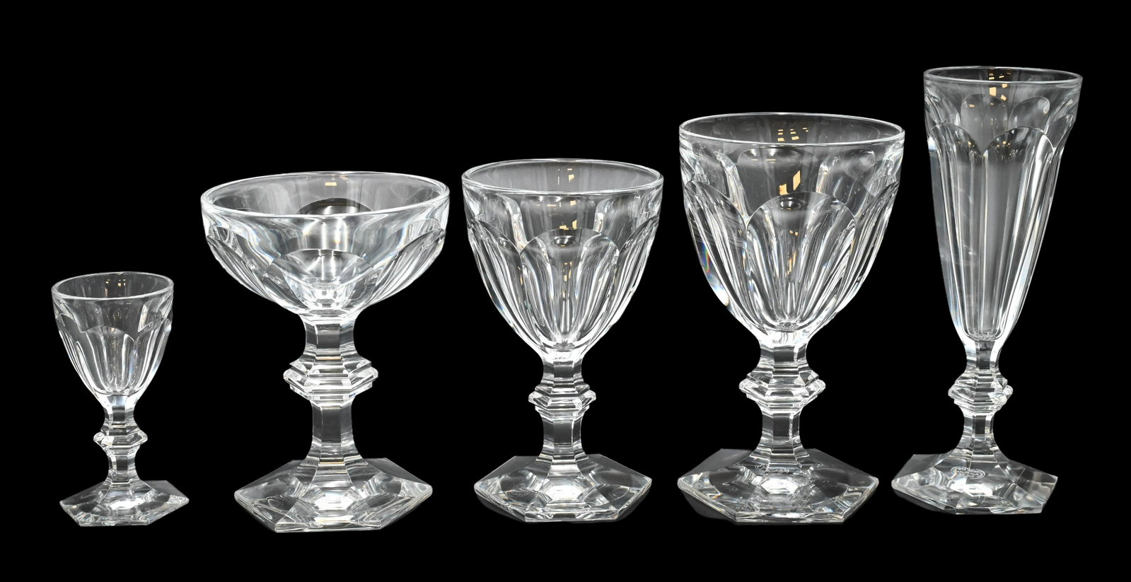 Baccarat Glass 53 Piece Lot: Baccarat Glass 53 Piece Lot includes various sizes, 1 decanter, 7 champagne glasses, 10 red wine glasses 12 white wine glasses, 4 collins glasses, 9 sherbert glasses, 6 cordials glasses, 4 rocks glass