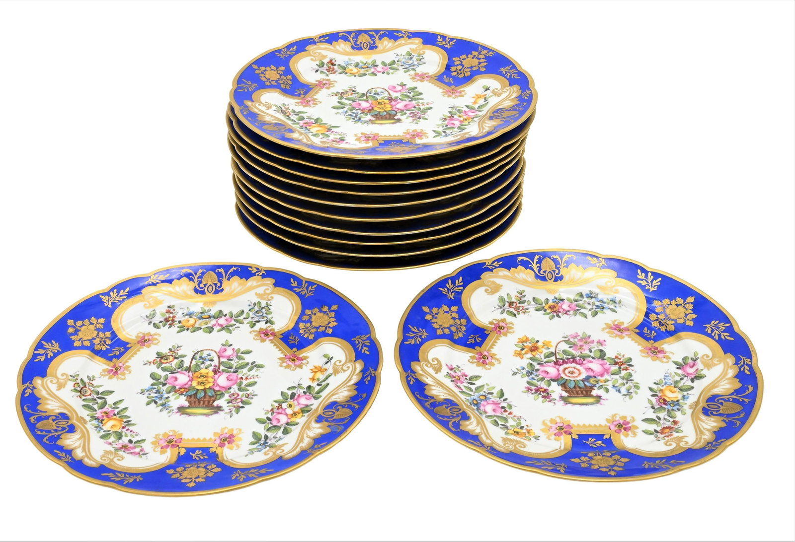 Set of 12 Rockingham Brameld Porcelain Plates: Set of 12 Rockingham Brameld Porcelain Plates having painted blue border with flowers and gilt gold decoration, marked Rockingham Works Brameld Manufacturers to the King on the bottom diameter 10 3/4 