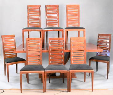 Nine Piece Costantini Pietri Ello Furniture Set: Nine Piece Costantini Pietri Ello Furniture Set, to include a dining table, two 18 inch leaves, along with eight ladder back chairs, height 30 3/4 inches, top 81" x 43 1/2", top open 117" x 43 1/2".