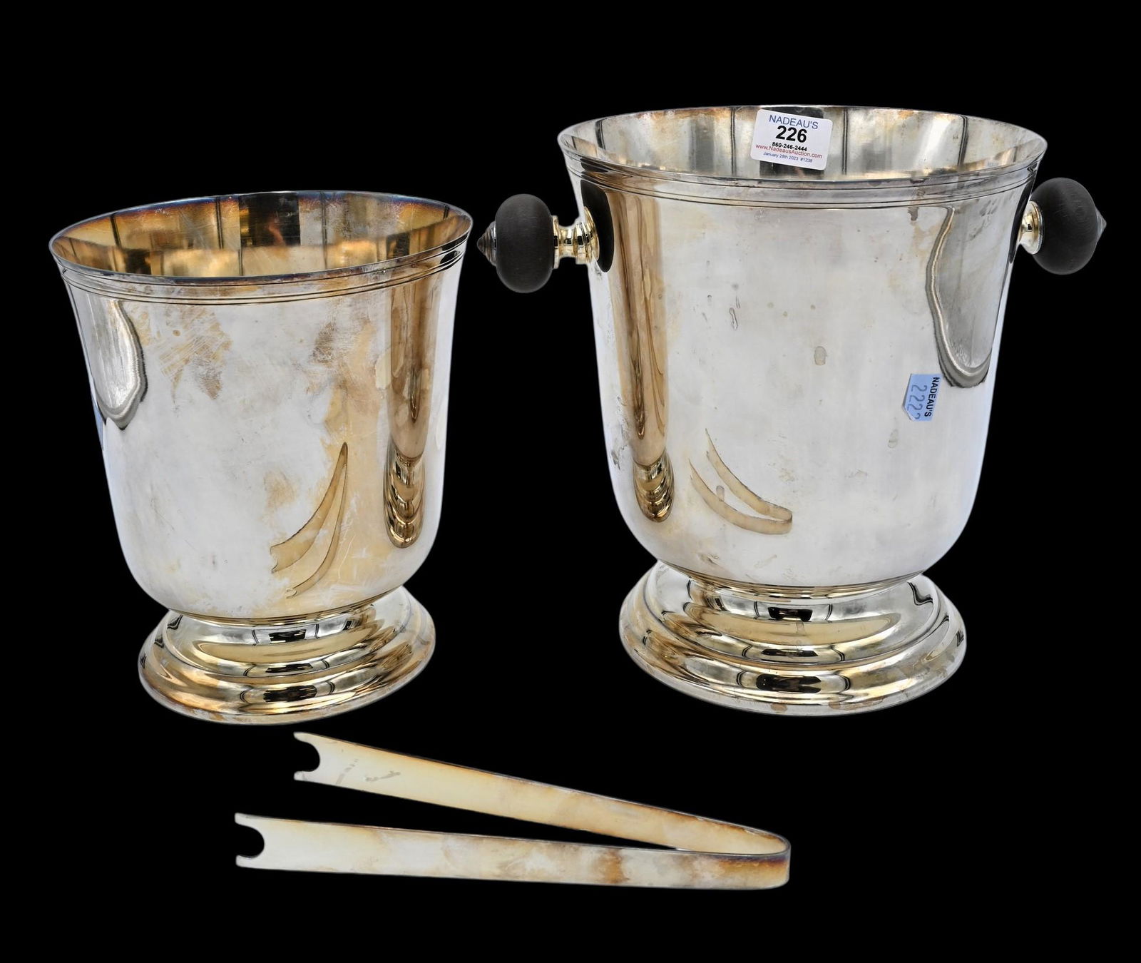 Three Piece Christofle Silver Plated Ice Bucket: Three Piece Christofle Silver Plated Ice Bucket, along with tongs and wine bucket, height 9 inches. Provenance: Estate of Dr. Vallo Benjamin E 57th St New York
