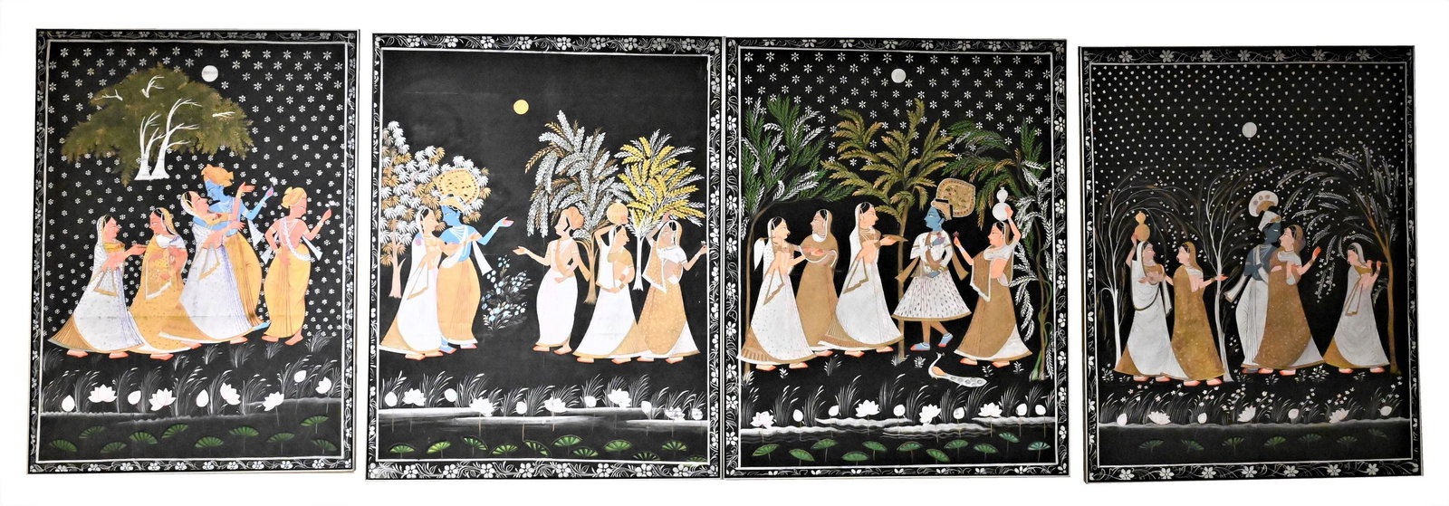 Set of Four Indian Scenes: Set of Four Indian Scenes, acrylic on canvas, unknown artist, having black ground with figures and trees, canvas put together in pieces, three are 75" x 54", one is 70" x 50". Provenance: Property fro