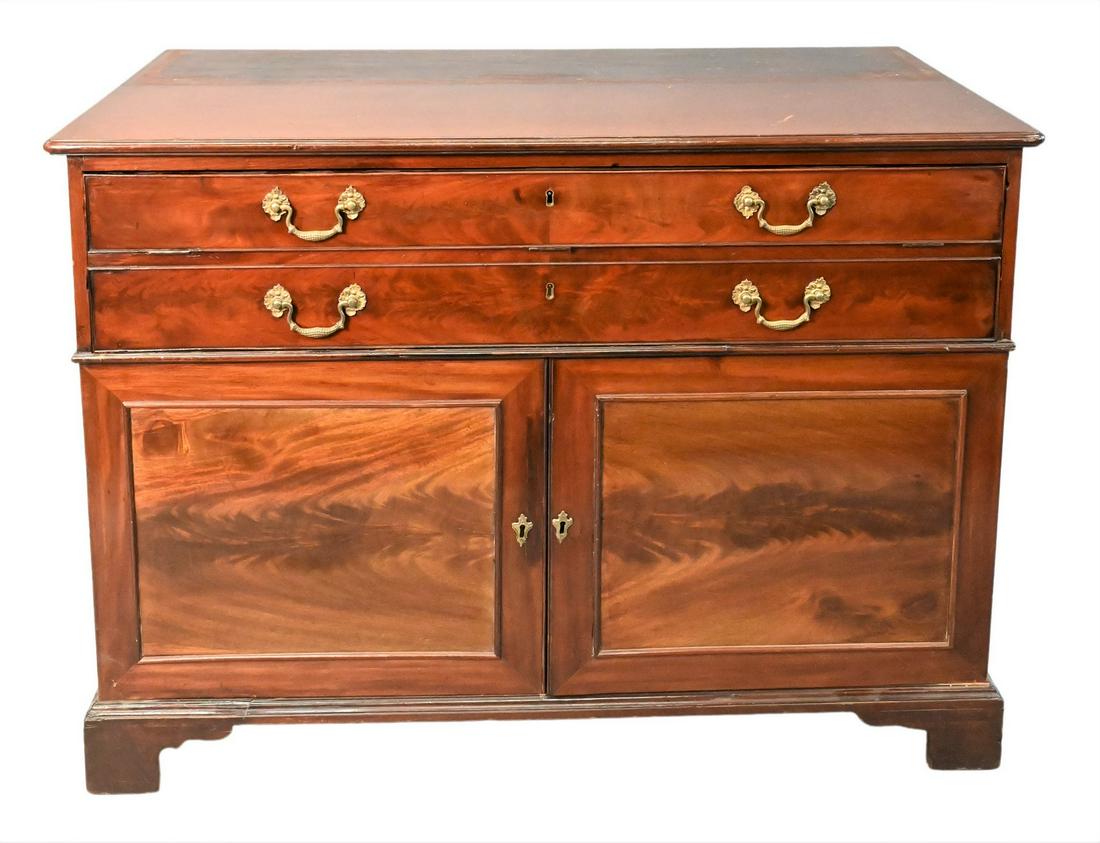 Mahogany Secretary Desk: Mahogany Secretary Desk, (base only) having drop front desk over two doors, no top section, height 35 inches, top 25 1/2" x 49". Provenance: Property from a private New York collection sold to benefit