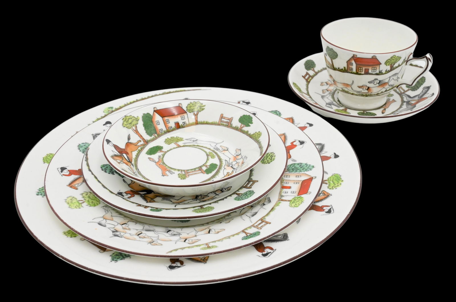 105 Piece Crown Staffordshire England Hunting Scene Dinner Service (1 of 7)