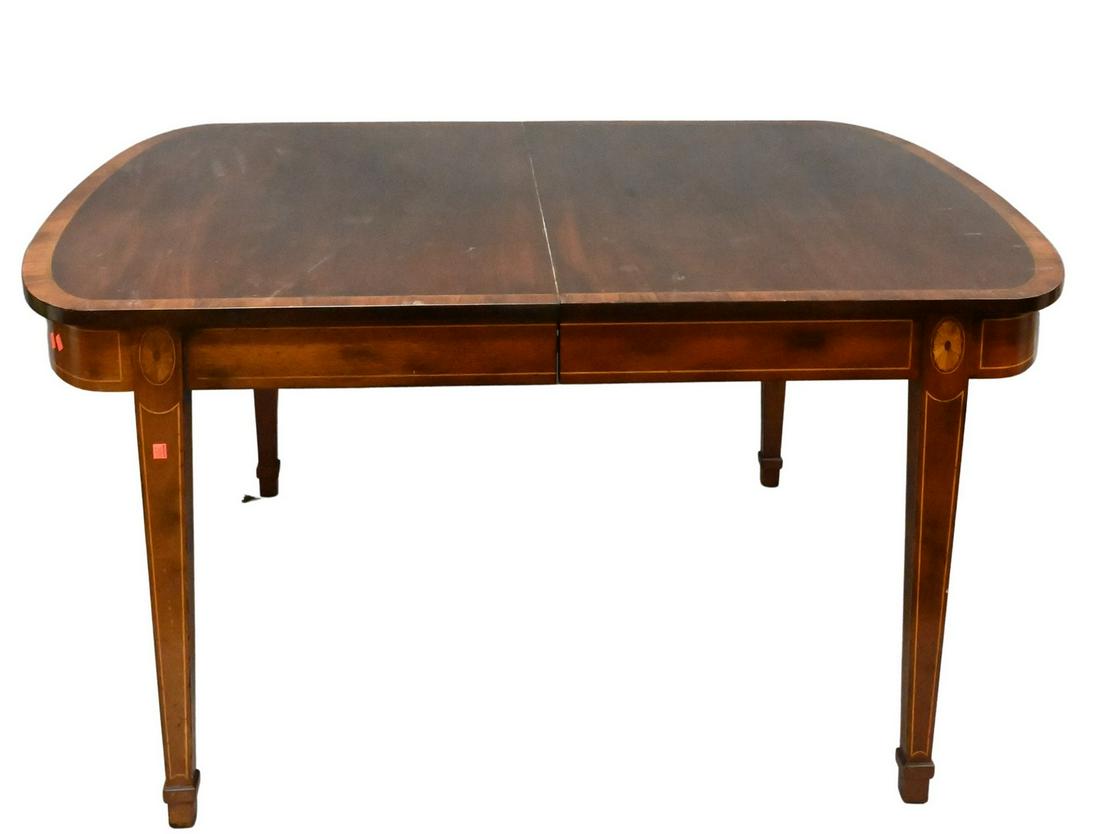 English Mahogany Federal Style Banded Inlay Dining Table: English Mahogany Federal Style Banded Inlay Dining Table, set on tapered legs, having two 24 inch leaves, height 30 inches, top 45" x 60", top open with leaves 45" x 110".