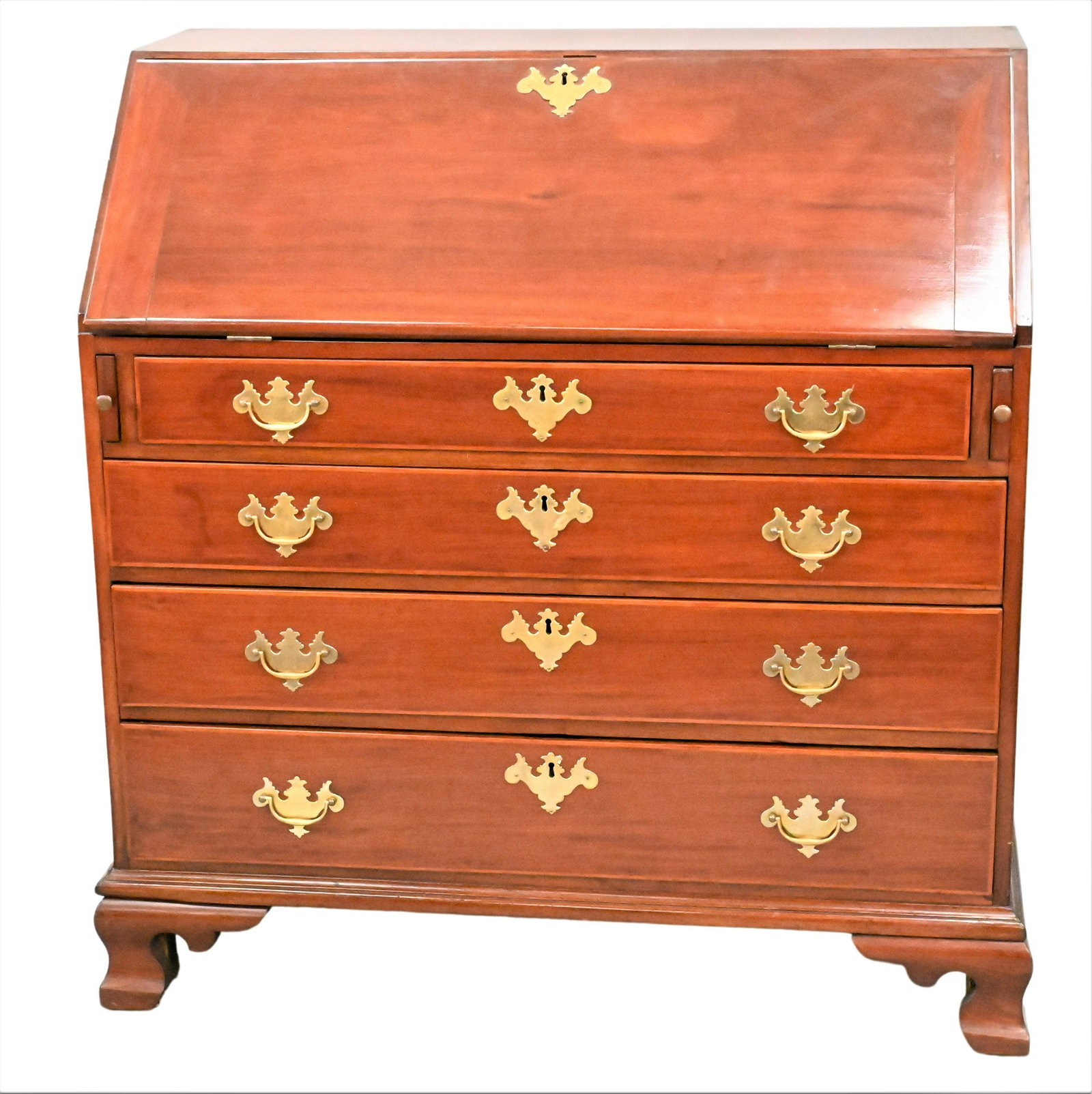 Chippendale Mahogany Slant Front Desk: Chippendale Mahogany Slant Front Desk, having interior with drawers, doors, along with secret compartment, on ogee feet (replaced feet), height 44 inches, width 42 inches, depth 21 1/2 inches.