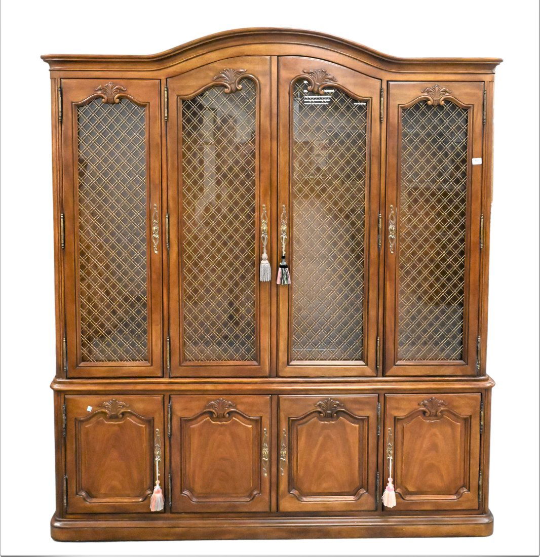 Henredon Two Part Breakfront: Henredon Two Part Breakfront, having grillwork doors over base having doors, height 85 inches, width 77 inches, depth 16 inches.