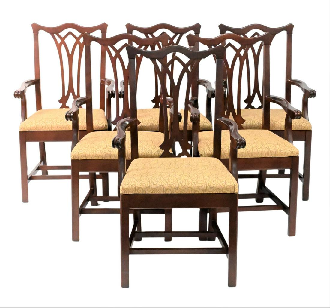 Set of Six Kindle Fruitwood Dining Chairs: Set of Six Kindle Fruitwood Dining Chairs, all having arms and upholstered seat, height 39 1/2 inches.