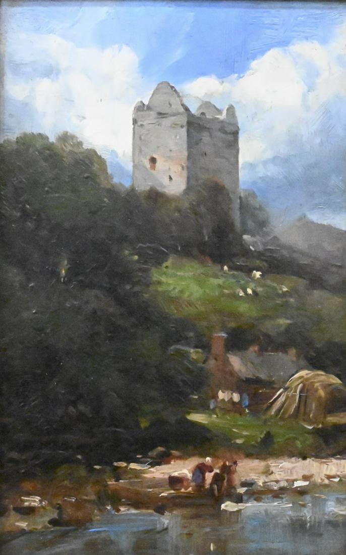 Andrew W. Melrose (American - California, 1836 - 1901): Andrew W. Melrose (American - California, 1836 - 1901), "Where Newark's Stately Tower Looks out From Yarrows", oil on board, signed and titled on verso "Andrew Melrose", 9" x 6".