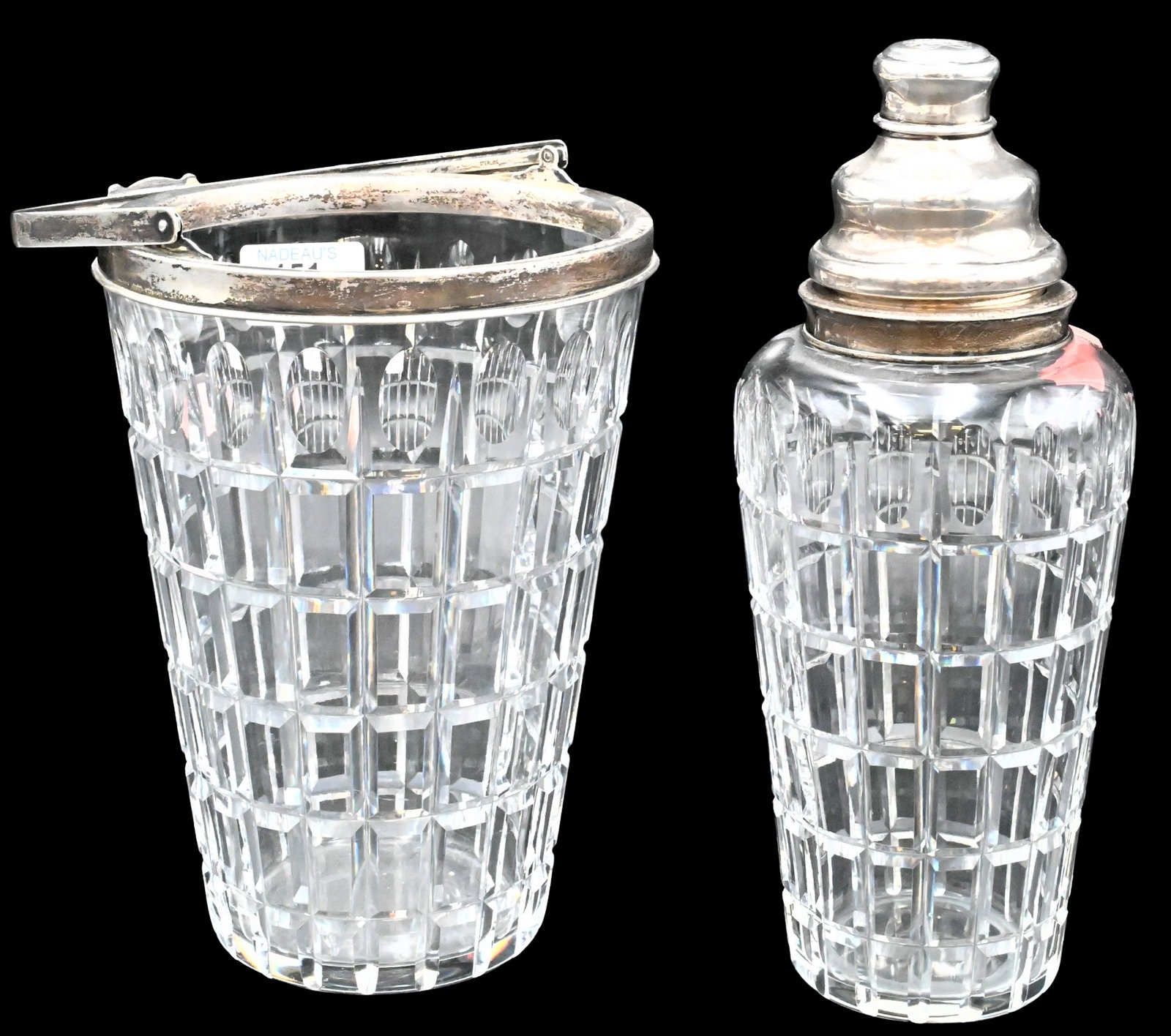 Two Piece Hawks Crystal and Sterling Silver Cocktail Shaker: Two Piece Hawks Crystal and Sterling Silver Cocktail Shaker, height 10 inches, along with wine cooler, height 8 inches.