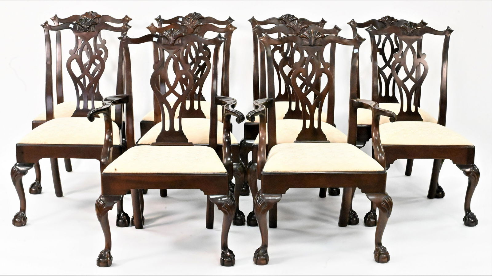 Set of 10 Mahogany Stickley Chippendale Style Dining Chairs (1 of 6)