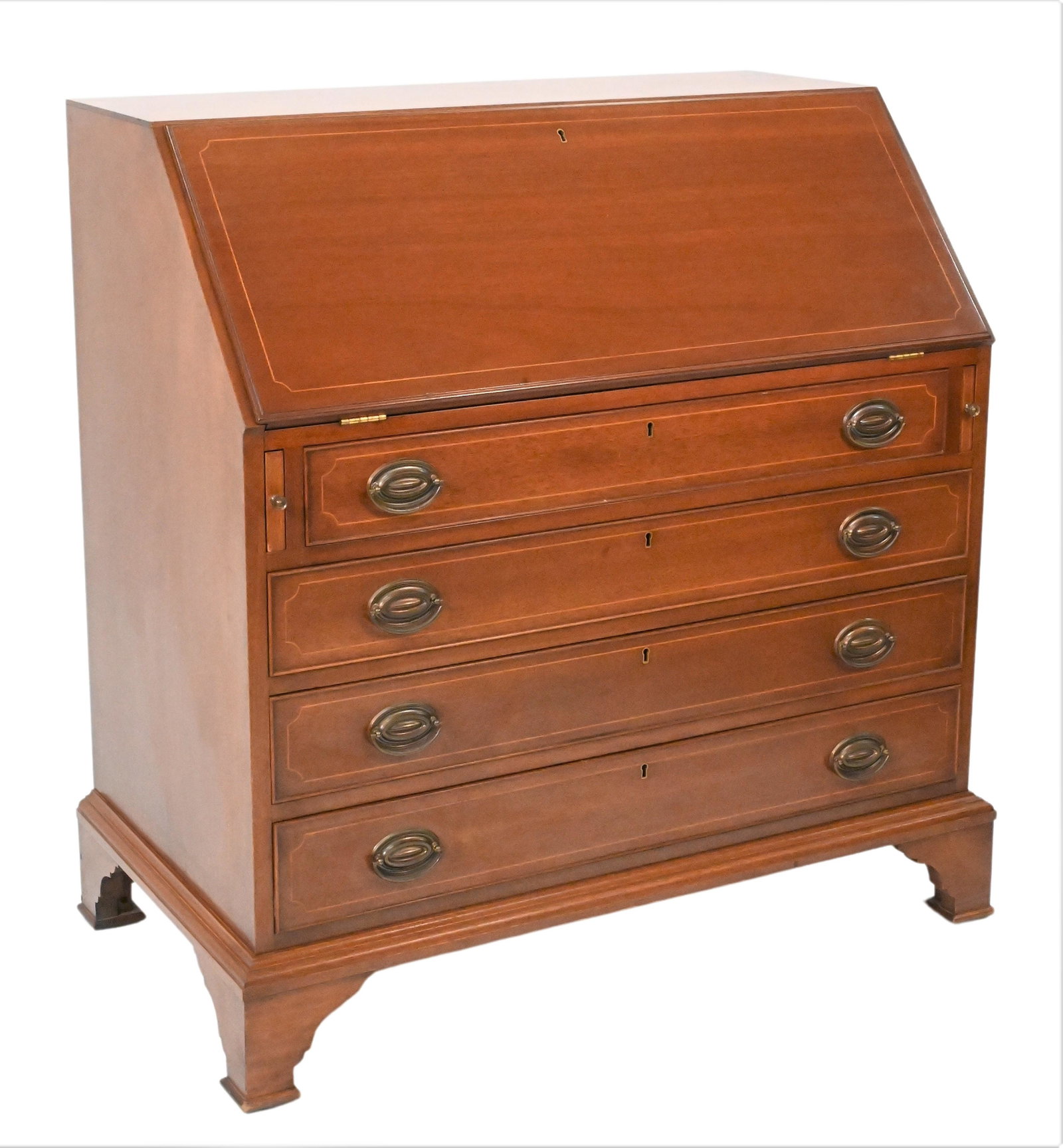 Biggs Inlaid Mahogany Slant Lid Desk: Biggs Inlaid Mahogany Slant Lid Desk, top opens to fitted interior, set on base having graduated drawers, height 40 inches, width 38 inches, depth 21 1/2 inches.
