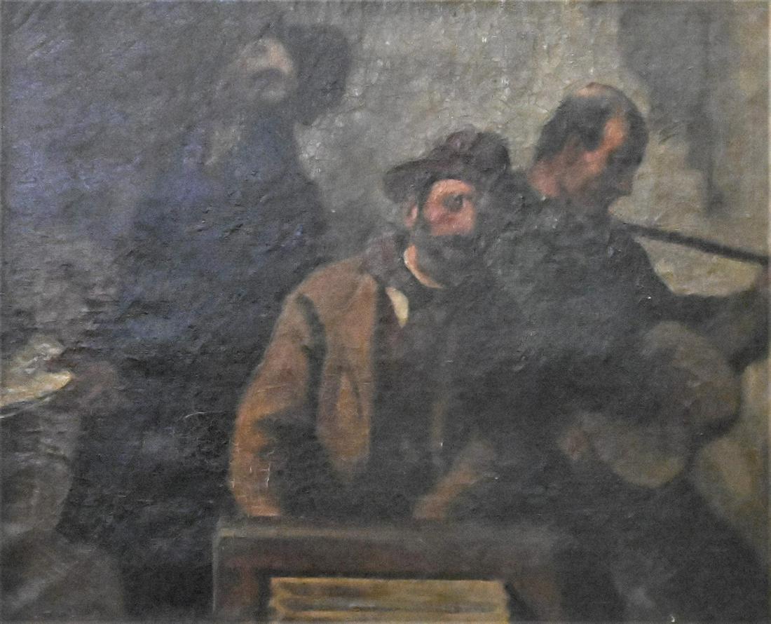 William Strang (United Kingdom, 1859 - 1921): William Strang (United Kingdom, 1859 - 1921), "Musicians", having interior scene painted on verso, oil on canvas, signed lower left "W. Strang", 20" x 24".