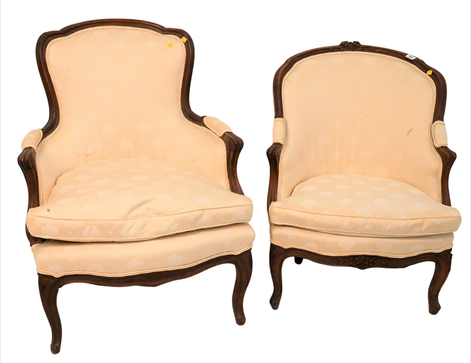 Two Louis XV Style Bergeres: Two Louis XV Style Bergeres, having quality custom upholstery, heights 33 1/2" x 37", widths 25" x 27".