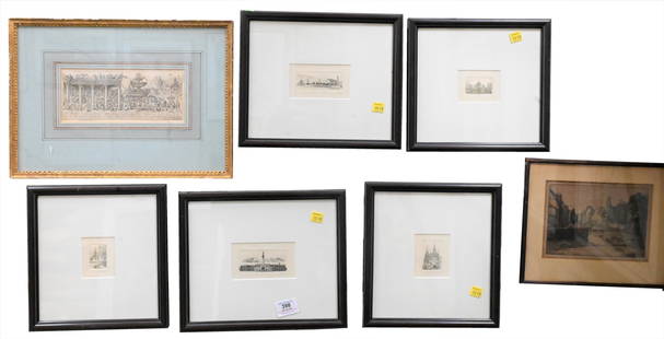 Group of Seven Etchings and Engravings: Group of Seven Etchings and Engravings, to include five small etchings by "NYXOB", a Caroline Armington etching, along with an early classical scene with figures, engraving, Quad Ludeb; largest 3 1/4"