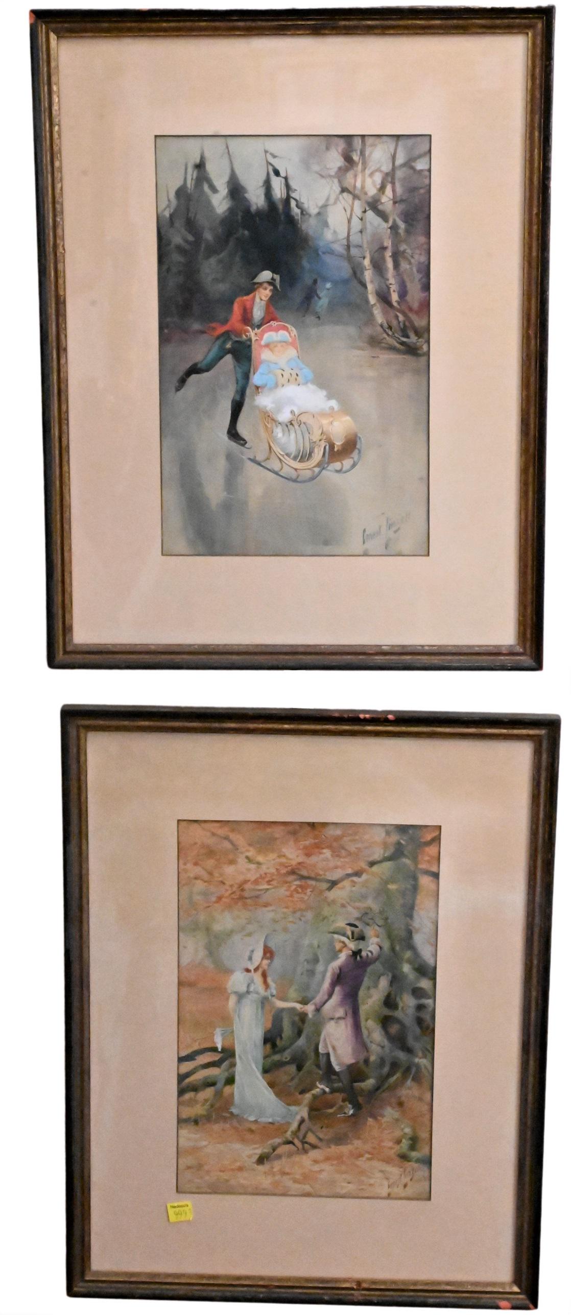 Set of Four Ernest Linzell Watercolor on Paper: Set of Four Ernest Linzell Watercolor on Paper, Victorian Romantic landscape with two figures, sight sizes 8 1/4" x 12 1/2" to 12 1/2" x 8 1/4". Provenance: From an estate in Lloyd Harbor, Long Island