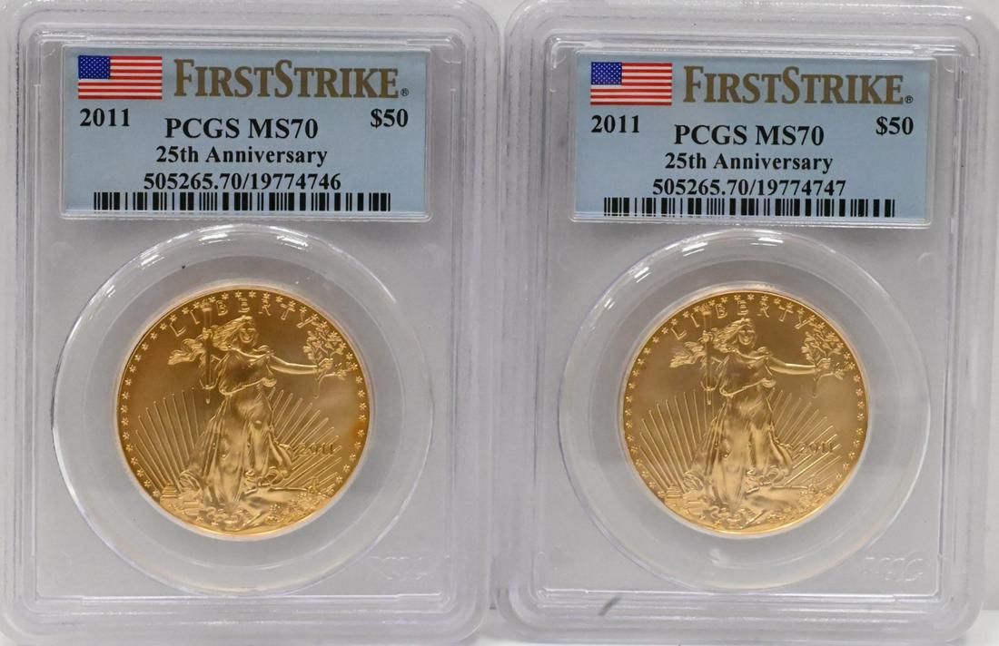 Two 2011 PCGS MS70 First Release $50 Gold One Ounce Eagles (1 of 2)