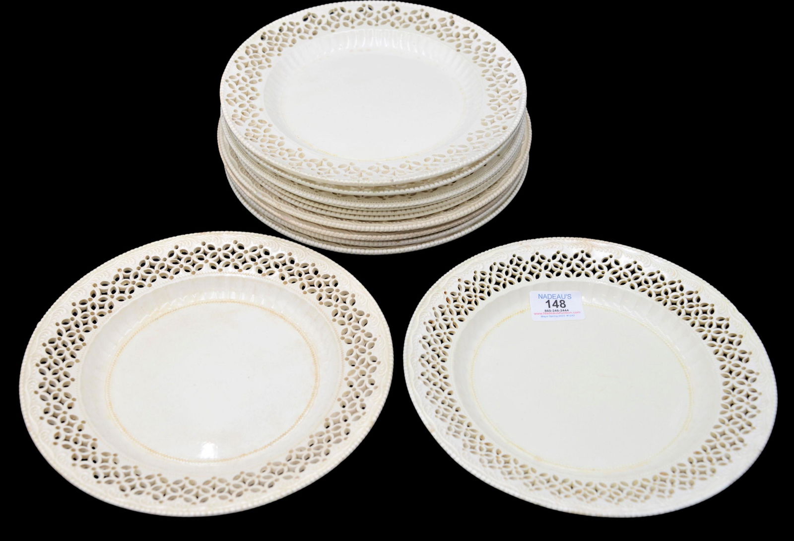 Two Sets of Six Leeds Creamware Reticulated Plates (1 of 4)
