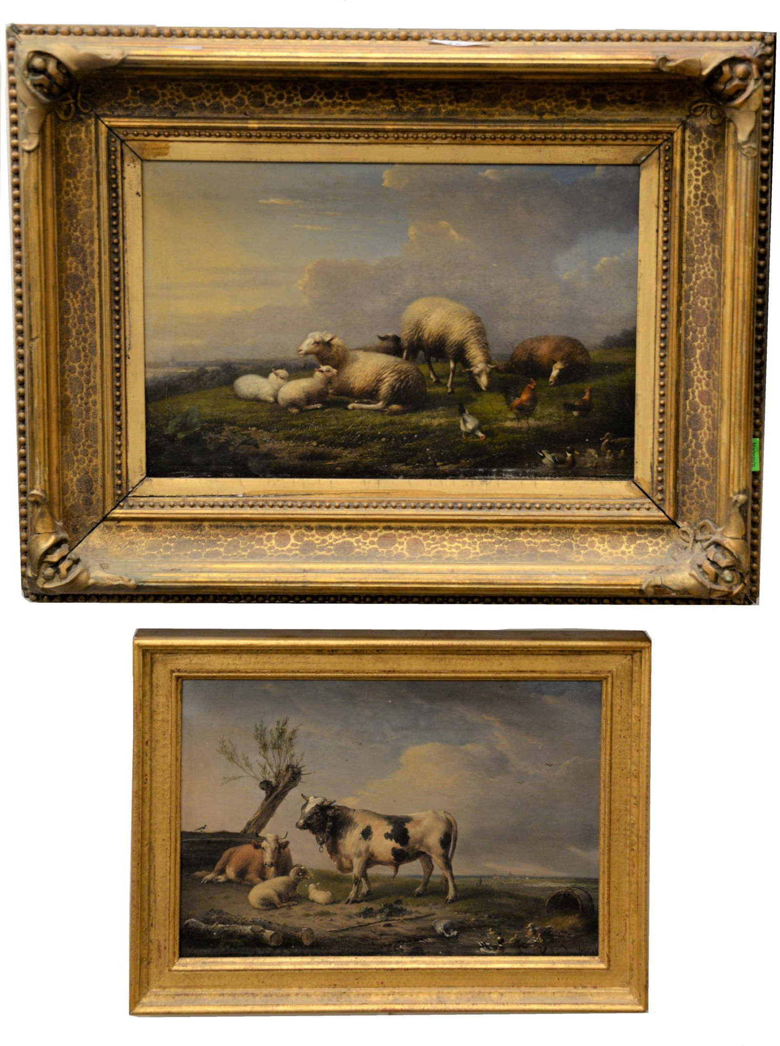 Two Francois Vandeverdonck (Belgium/Netherlands, 1848 - 1875): Two Francois Vandeverdonck (Belgium/Netherlands, 1848 - 1875), oils on board, "Bull, Cow, Sheep, and Countryside", 1881, 7 1/4" x 10 1/4", signed lower right with "I, the signer declare that this pict