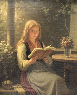 Johann Georg Meyer Von Bremen (German, 1813 - 1886): Johann Georg Meyer Von Bremen (German, 1813 - 1886), "Young Girl Reading", oil on canvas, relined, 10" x 12", signed lower right "Meyer Von Bremen". Provenance: Estate of Donald K. Huber