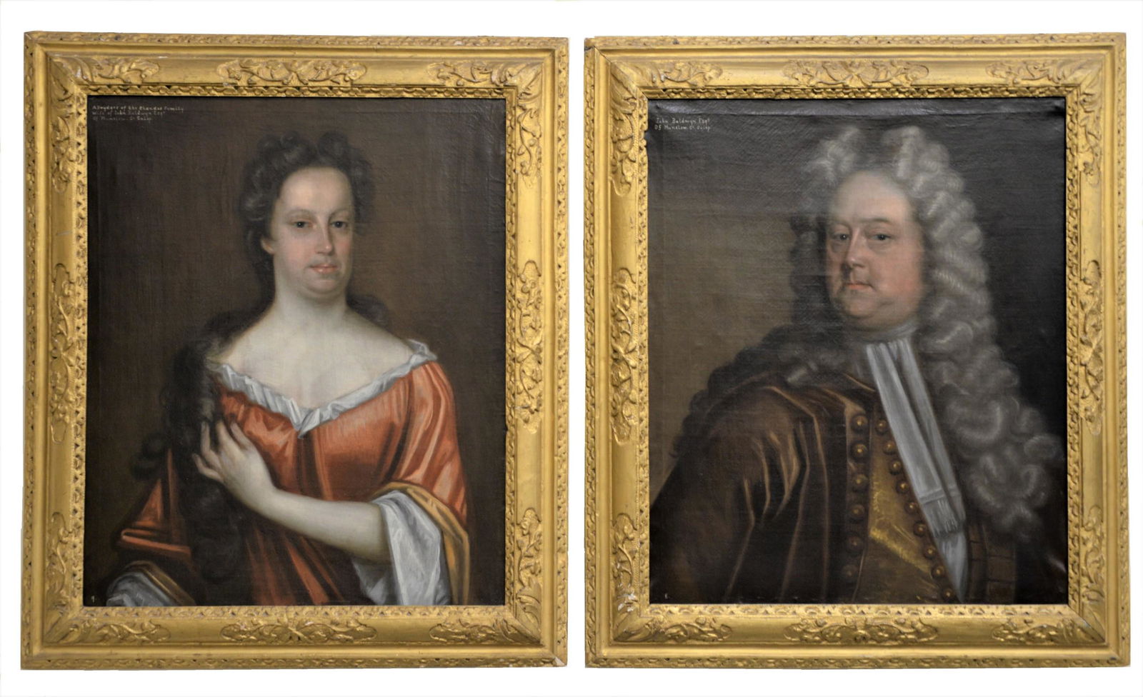 A Pair of Portraits: A Pair of Portraits, John Baldwyn and his wife A. Brydges by unknown artist (circa 1740 - 1760), oil on canvas, the portrait of a woman reads, "A. Brydges of the Chandos Family, wife of John Baldwyn E