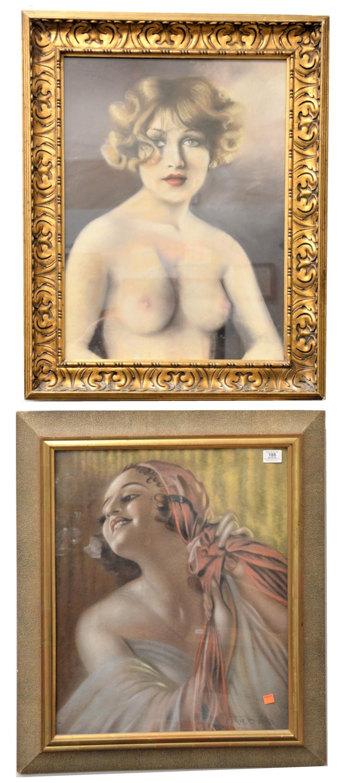 Two Pal Fried (Hungarian, 1893 - 1976): Two Pal Fried (Hungarian, 1893 - 1976) "Flapper Girl", pastel on paper, signed lower right "Fried Pal", 23" x 19", along with "Female Nude", paster on paper, signed upper left "Fried Pal", 24" x 18",