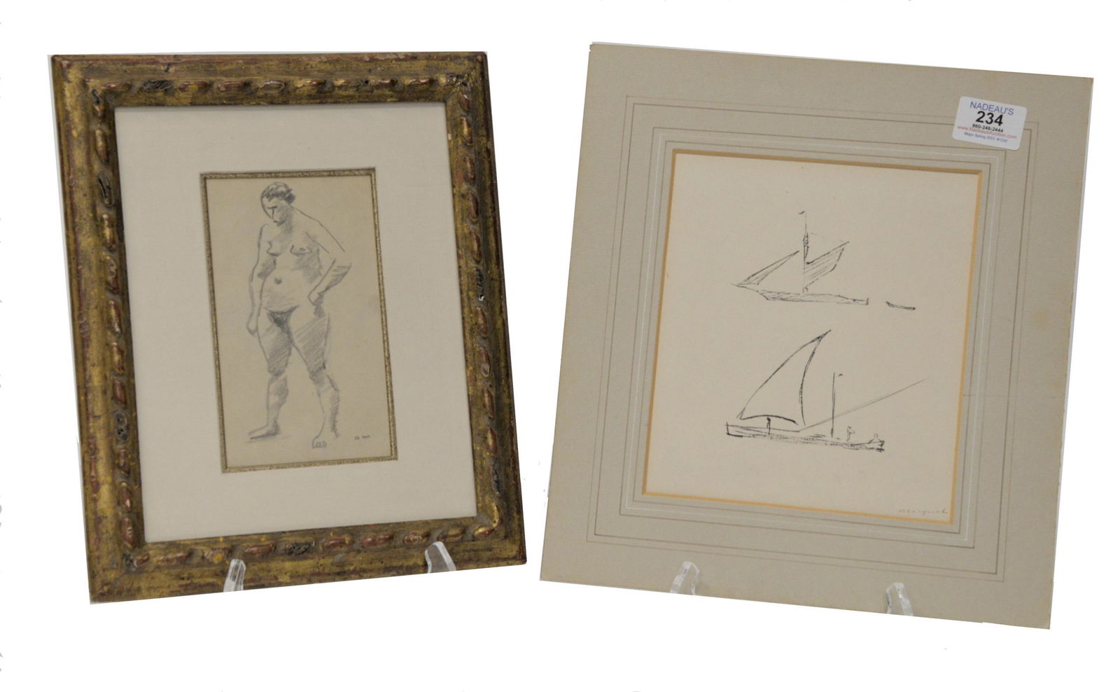 Two Artwork Studies by Albert Marquet, Faurist, 1875 - 1947): Two Artwork Studies by Albert Marquet Faurist, 1875 - 1947), to include "Female Nude", pencil on paper, initialed "AM" lower right, 6 1/2" x 3 3/4", along with "Two Sailboats", pen and ink on paper, s