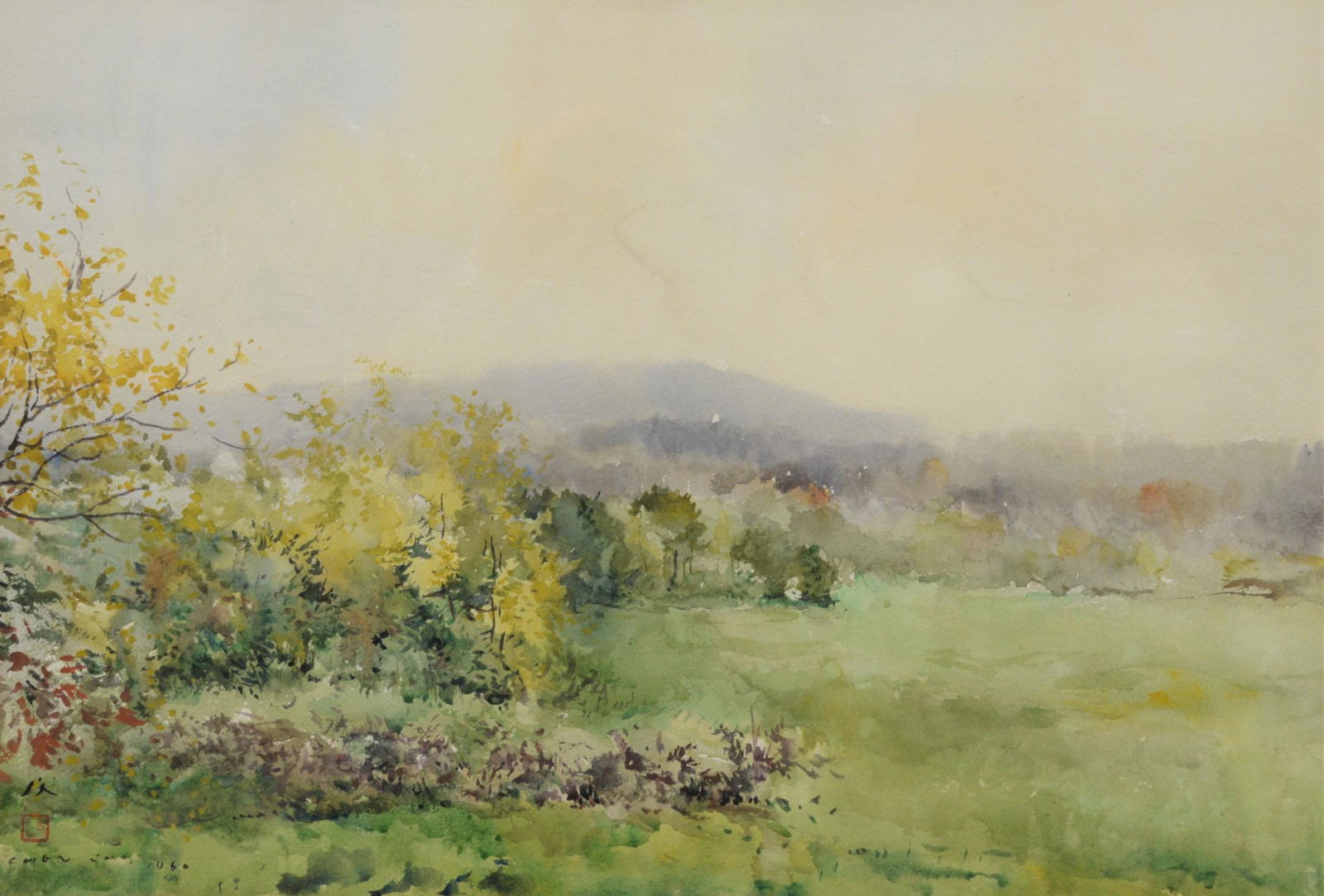 Chi Chen (Chinese 1912 - 2005): Chi Chen (Chinese 1912 - 2005), "Meadow Landscape", watercolor on paper, signed "Chen Chi" lower left, along with red signature stamp, 14 1/2" x 21 1/4".