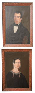 A Pair of Portraits: A Pair of Portraits, attributed to American Folk Artist William Matthew Prior (1806 - 1873) circa 1848, "Portrait of a Woman", "By WM Prior 1848" written on the back of the canvas end 30 1/4" x 20 1/4