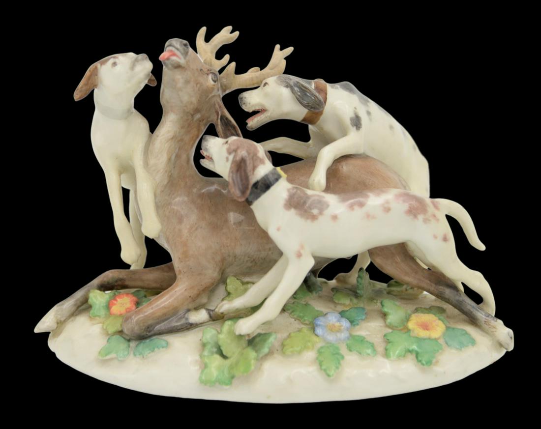 Meissen Porcelain Figure of Three Hunting Dogs Killing a Stag (1 of 5)