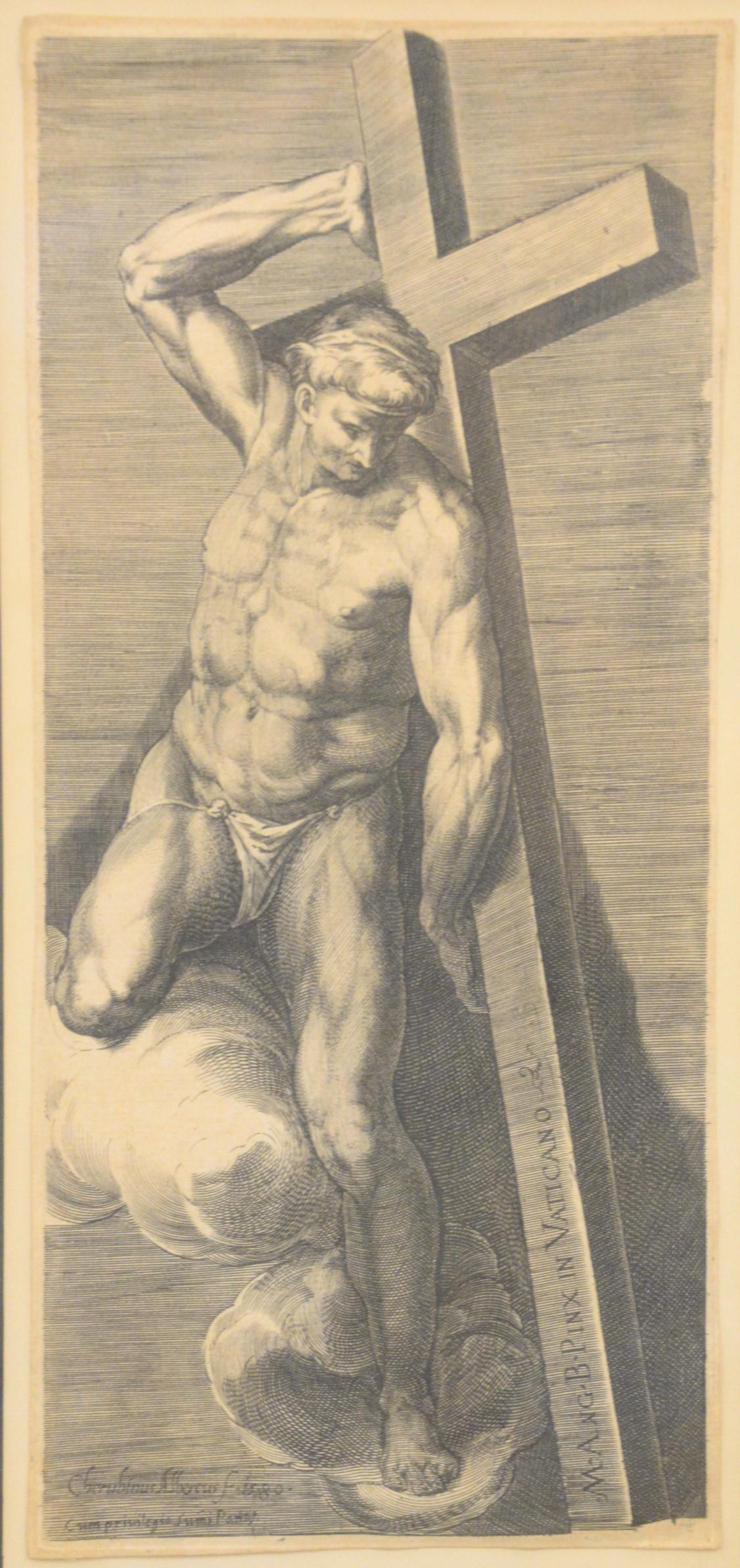 Cherubino Alberti after Michelangelo: Cherubino Alberti after Michelangelo, Last Judgement "The Good Thief", 1580, signed on the stem of the cross M. Ang. B Pinx in Vaticano, lower left - Cherubini Albertus F1580, 13 3/4" x 6 1/4". Proven