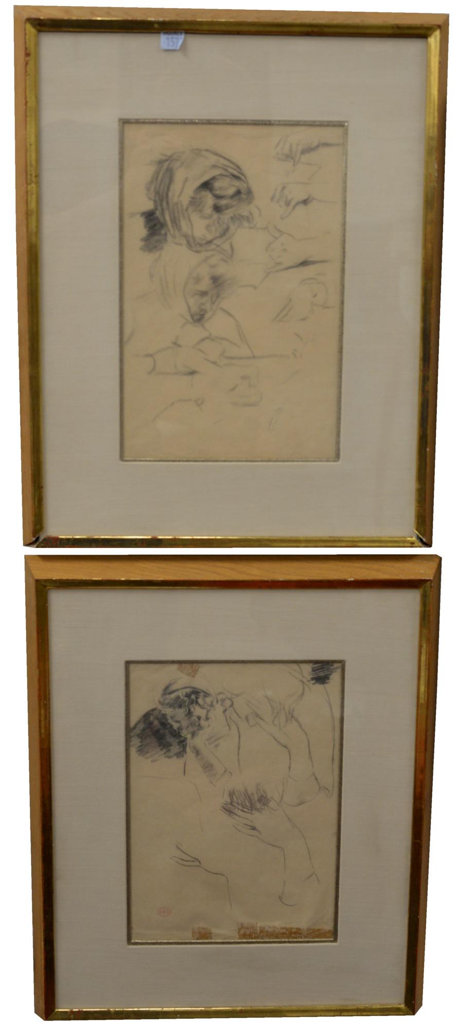 Five Piece Grouping of Henri Edmond Cross (French, 1856 - 1910): Five Piece Grouping of Henri Edmond Cross (French, 1856 - 1910), drawings, pencil on paper, to include "Steer", 8" x 5 1/2"; "Girl on Scarf", 10 1/4" x 7 1/2"; "Reclining Woman, Zaza", 11" x 7 1/2"; "