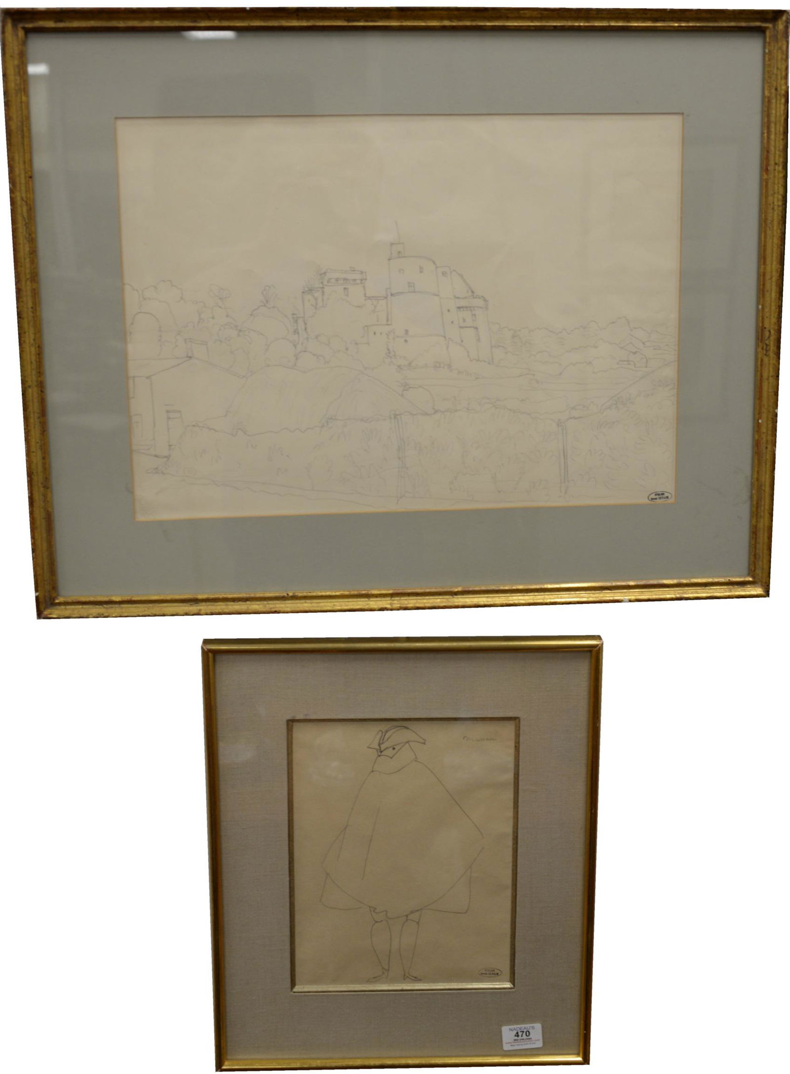 Two Framed Pencil on Paper Drawings by Andre Derain (French, 1880 - 1954): Two Framed Pencil on Paper Drawings by Andre Derain (French, 1880 - 1954), to include "Landscape with Fortress", 13" x 19 1/4"; along with "Musician (theater costume)", 10 1/4" x 8"; both having artis