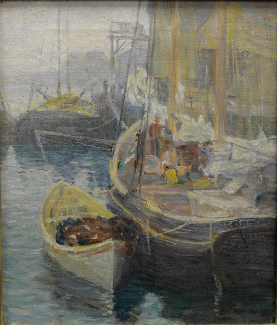 Charles L. Adams (1857 - 1914): Charles L. Adams (1857 - 1914), "Noon at the Warves", oil on canvas, signed and dated lower right, 14" x 12", Hollis Taggart Galleries label on back.