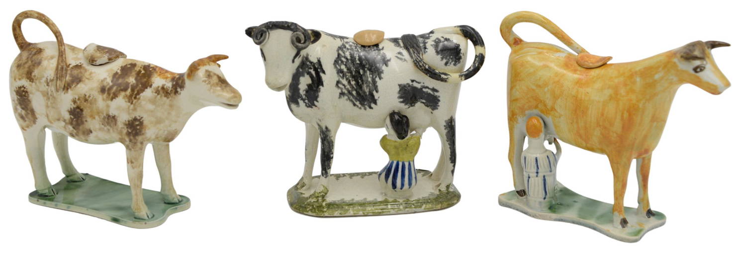 Three English Staffordshire Pearlware Cow Creamers With Lids