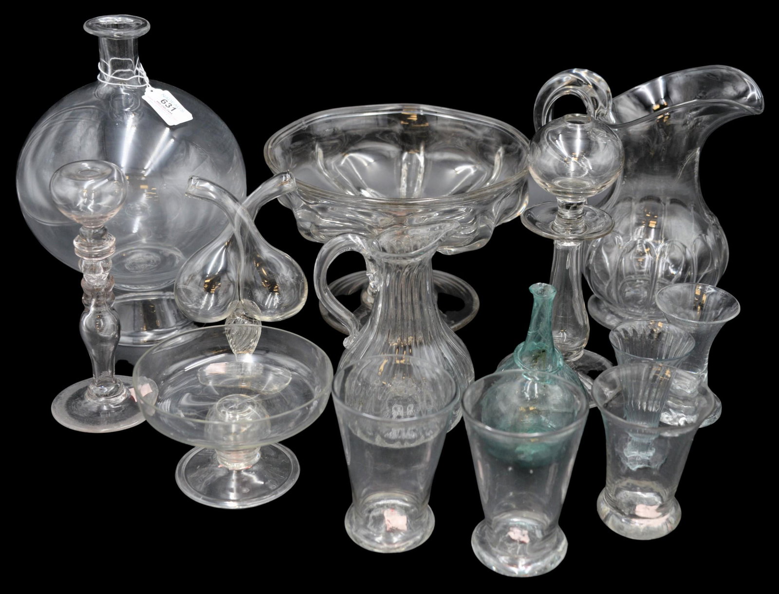 Large Grouping of 14 Pieces of Blown Glass: Large Grouping of 14 Pieces of Blown Glass, to include 2 early blown glass compote dishes, 1 ribbed cruet, 1 molded cordial glass, 1 firing glass, 3 flip glasses, 1 pitches, 1 aquamarine bottle, heigh