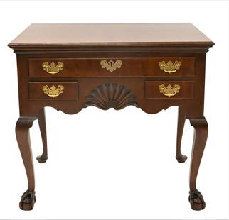 Jeffrey Greene Custom Chippendale Newport Style Mahogany Lowboy: Jeffrey Greene Custom Chippendale Newport Style Mahogany Lowboy, having one long drawer over two short drawers, set on legs ending in ball and claw feet, Jeffrey Greene furniture makers label inside d