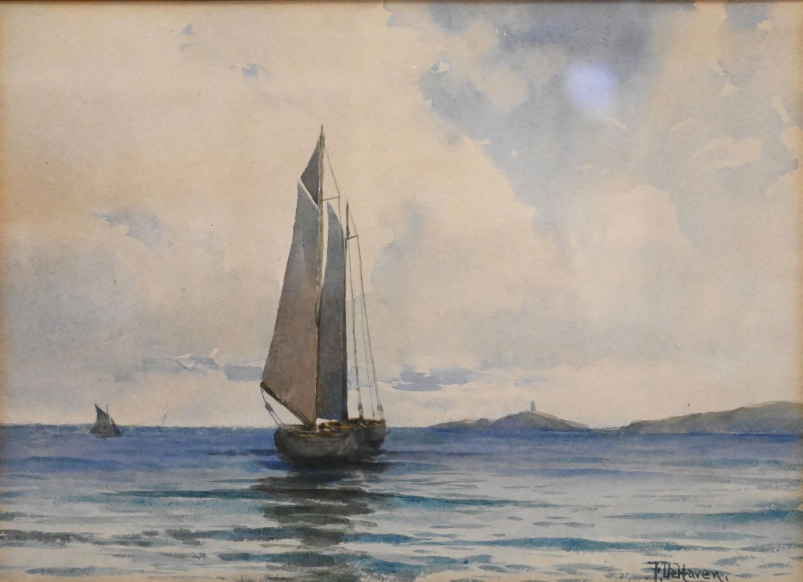 Franklin B. De Haven (American 1856-1934): Franklin B. De Haven (American 1856-1934) "Ship on the New England Coast" watercolor on paper signed lower right "F.DeHaven" 7 1/2" x 10 1/2"