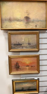 Four Oil on Canvas Paintings of Ships: Four Oil on Canvas Paintings of Ships to include three paintings by George Bunn (Belgium, Germany 1885-1898) "Antwerp" 1890 signed lower right 14" x 23 1/4" "Sailboats at Sunset" 1889 signed lower rig