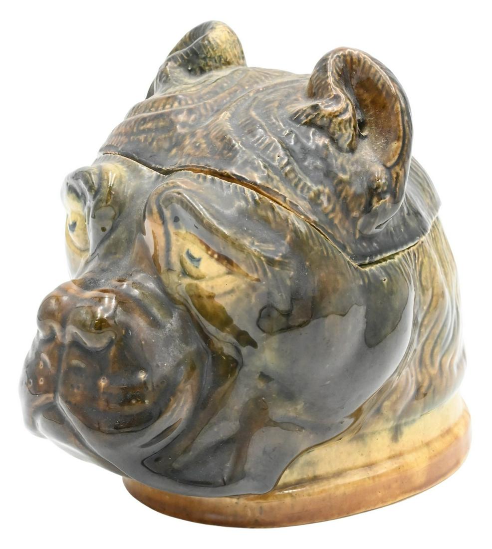 Cornelian Figural Yelloware Tobacco Jar: Cornelian Figural Yelloware Tobacco Jar, bulldog or boxer bust, height 7 inches, length 8 inches.