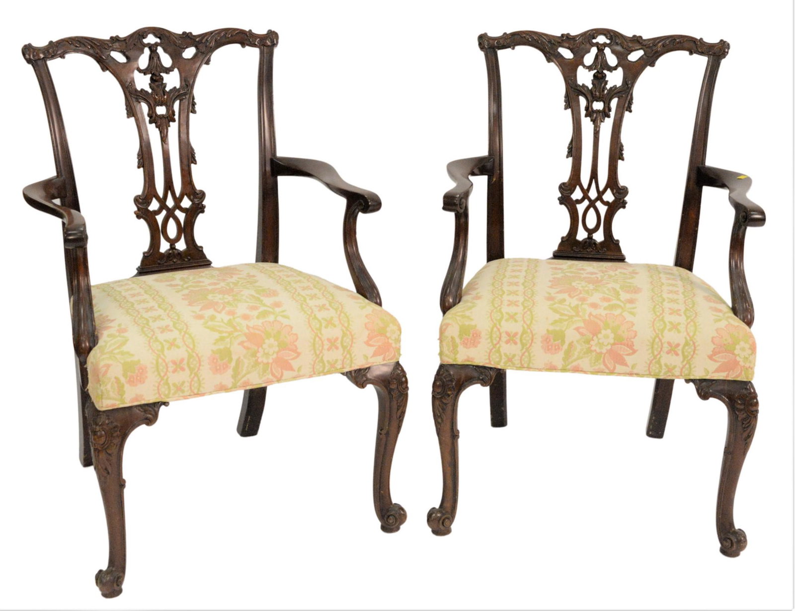Pair of Schmeig and Kotzian Chippendale Style Mahogany Armchairs: Pair of Schmieg and Kotzian Chippendale Style Mahogany Armchairs, each having upholstered seat and carved frame, height 38 inches, seat height 19 inches.