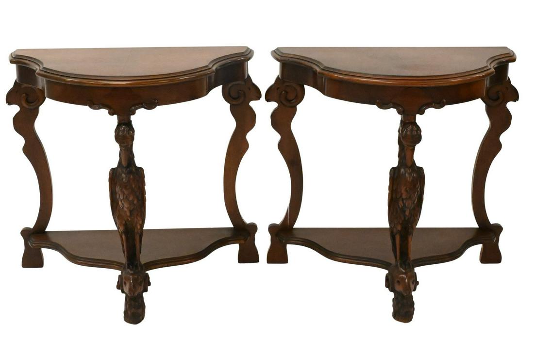 Pair of Side Tables: Pair of Side Tables, having shaped top over center support carved in the form of a crane set on rams head, height 24 inches, top 24" x 12"