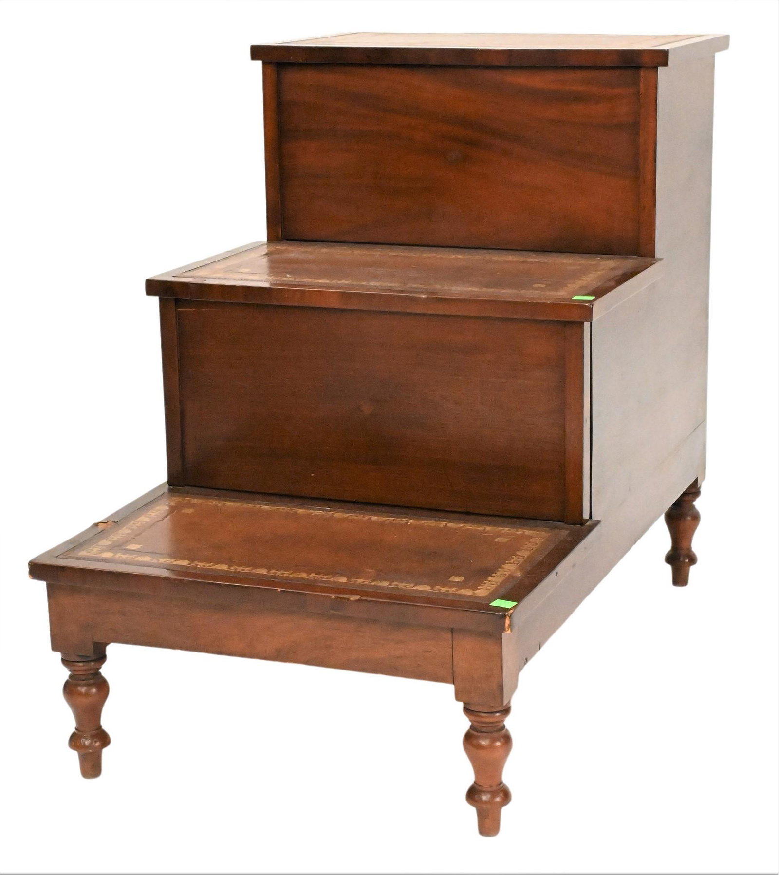 George III Mahogany Library Stairs: George III Mahogany Library Stairs, with tooled leather tops with lift top, middle with pull out and lift top, all on turned legs, height 26 inches, width 19 inches.