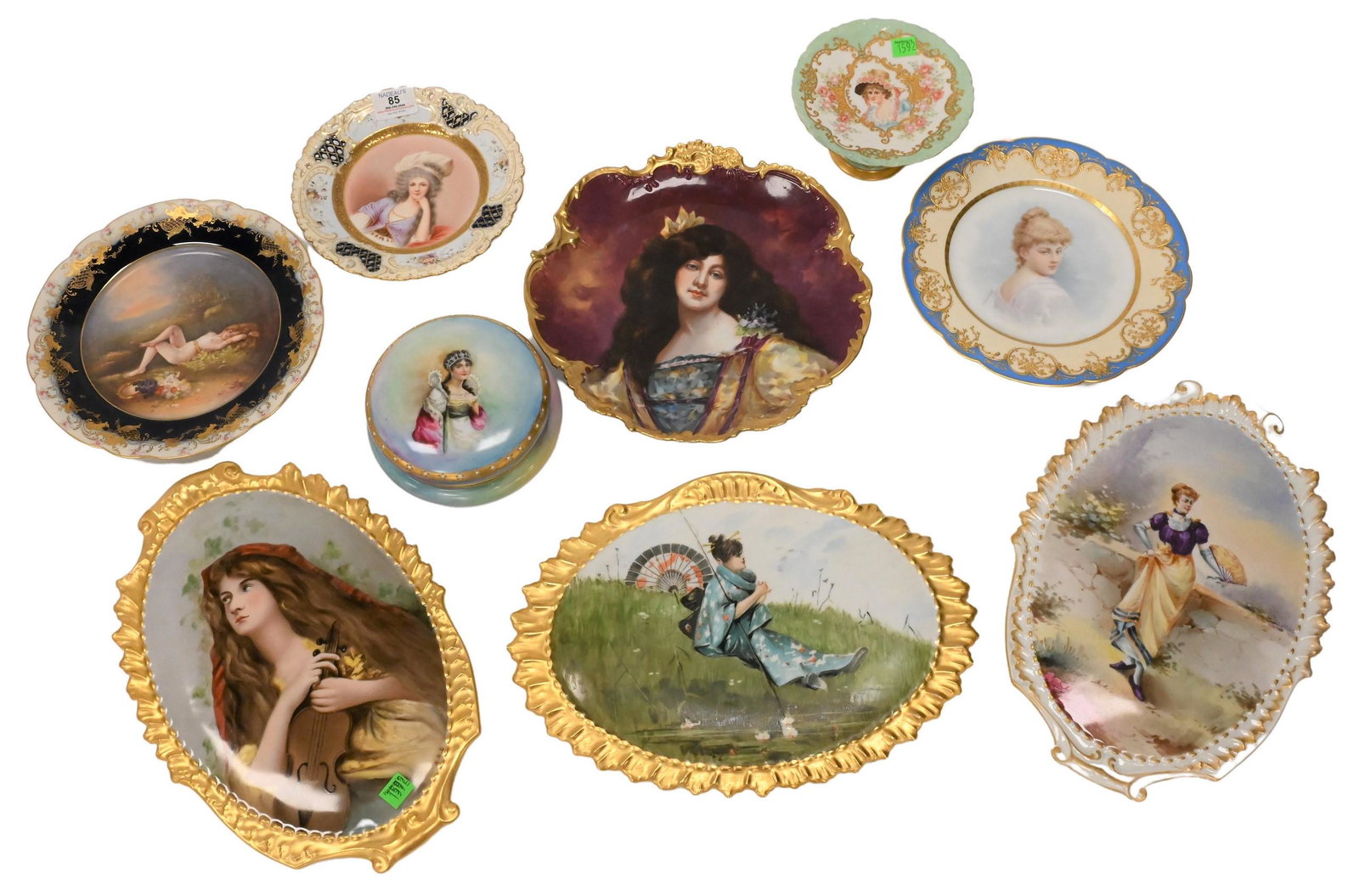 Nine Piece Hand Painted Porcelain Group: Nine Piece Hand Painted Porcelain Group, to include Dresden Germany portrait of "G.K.Brun La Duchesse D'Orleans" signed Kridel, Limoges France portrait of a woman, nude woman "Bacchante" signed, an Am
