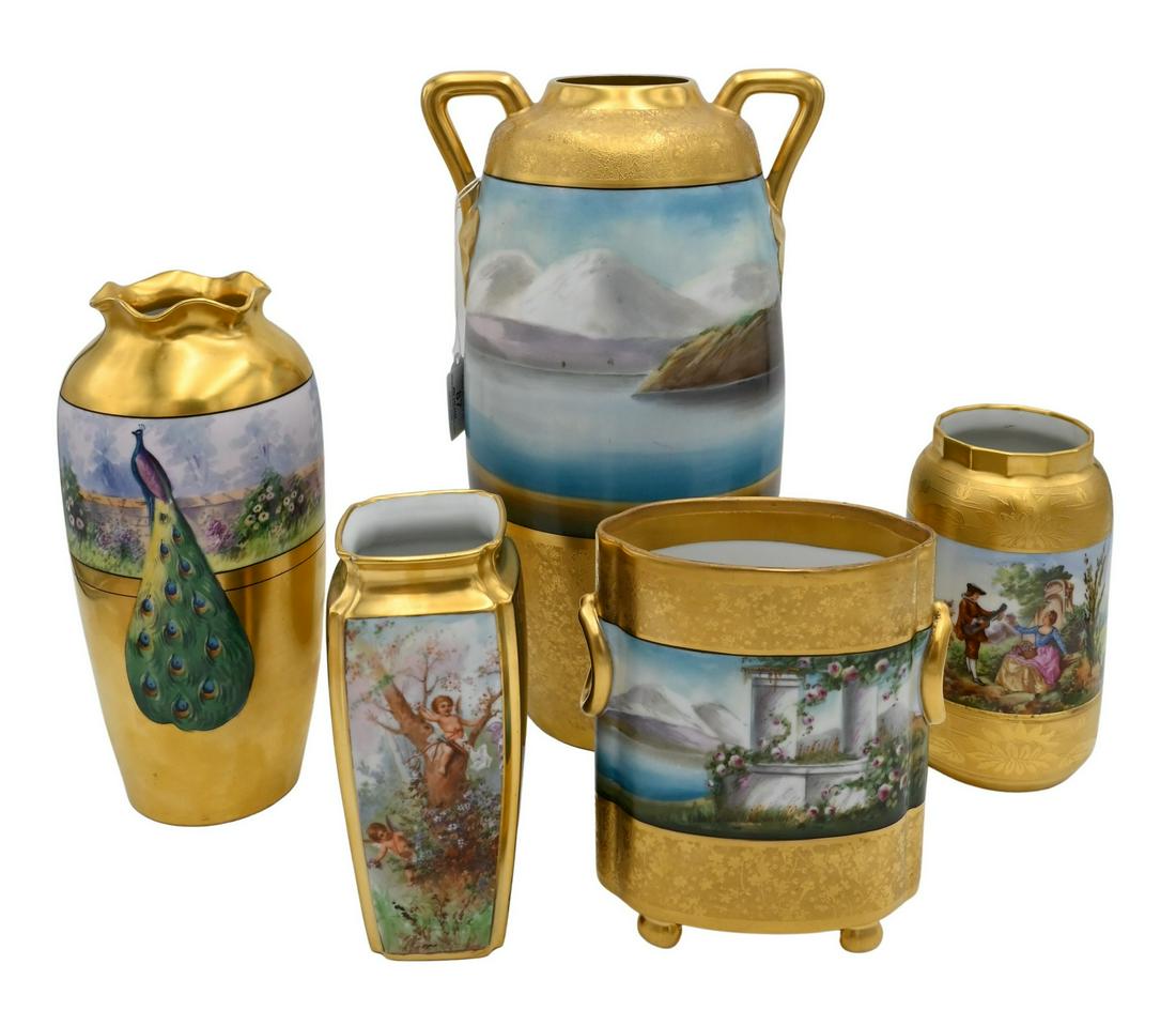 Five Piece Osborne Hand Painted Pictorial Gilt Porcelain Lot (1 of 13)