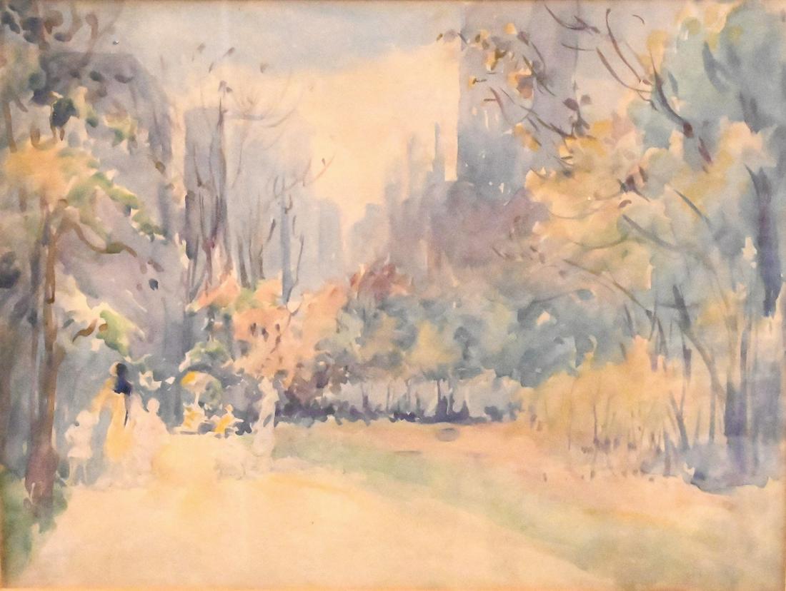 Harriette Bowdoin Watercolor: Harriette Bowdoin Watercolor "Central Park" Artist biography on verso 12" x 16"