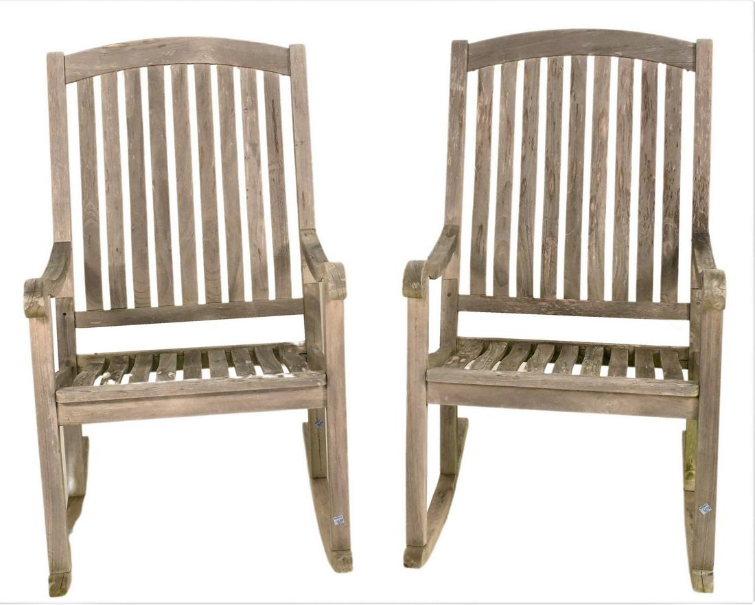 Pair of Outdoor Teak Rocking Chairs: Pair of Outdoor Teak Rocking Chairs, seat height 19 inches, total height 44 1/2 inches.