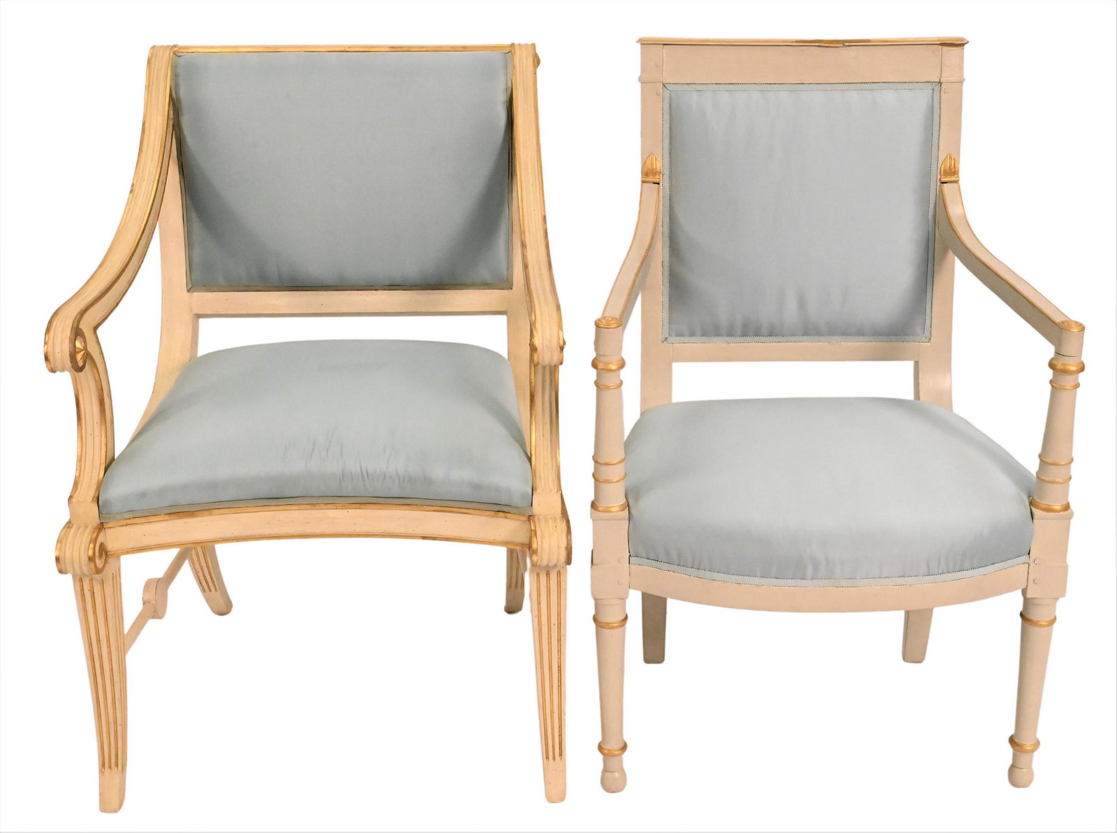 A Pair of Louis XVI Style Armchairs: A Pair of Louis XVI Style Armchairs, having white paint with gilt highlights, height 35 inches, length 23 1/2 inches, depth 17 1/2 inches.